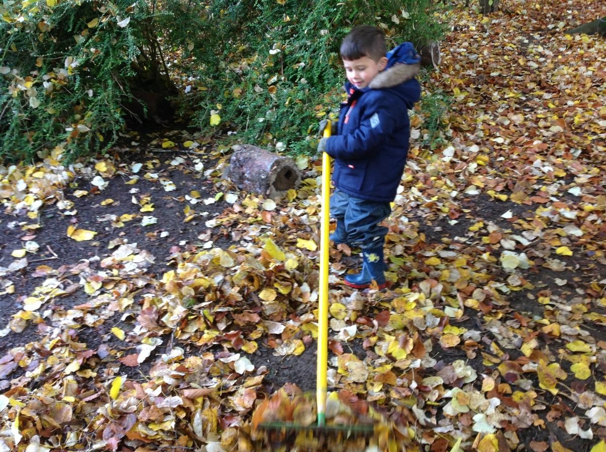 It's fun to rake up the leaves.