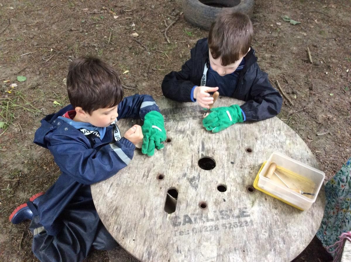 Then we used a palm drill to make a hole in the wood cookie.