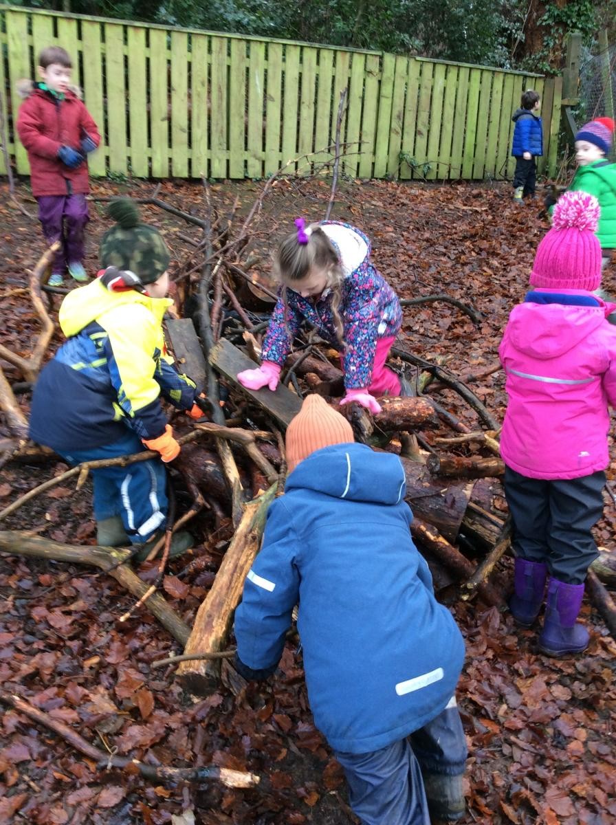 The children decided to move the giant bird's nest that they made last week.