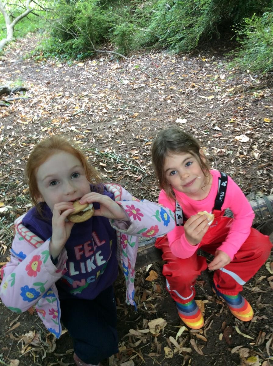 We made s'mores by sandwiching the marshmallows between two biscuits with a small square of chocolate.