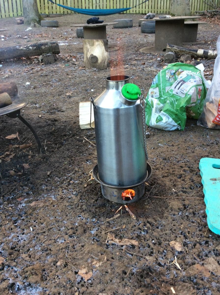 We boiled water in the kelly kettle and made hot blackcurrant juice.