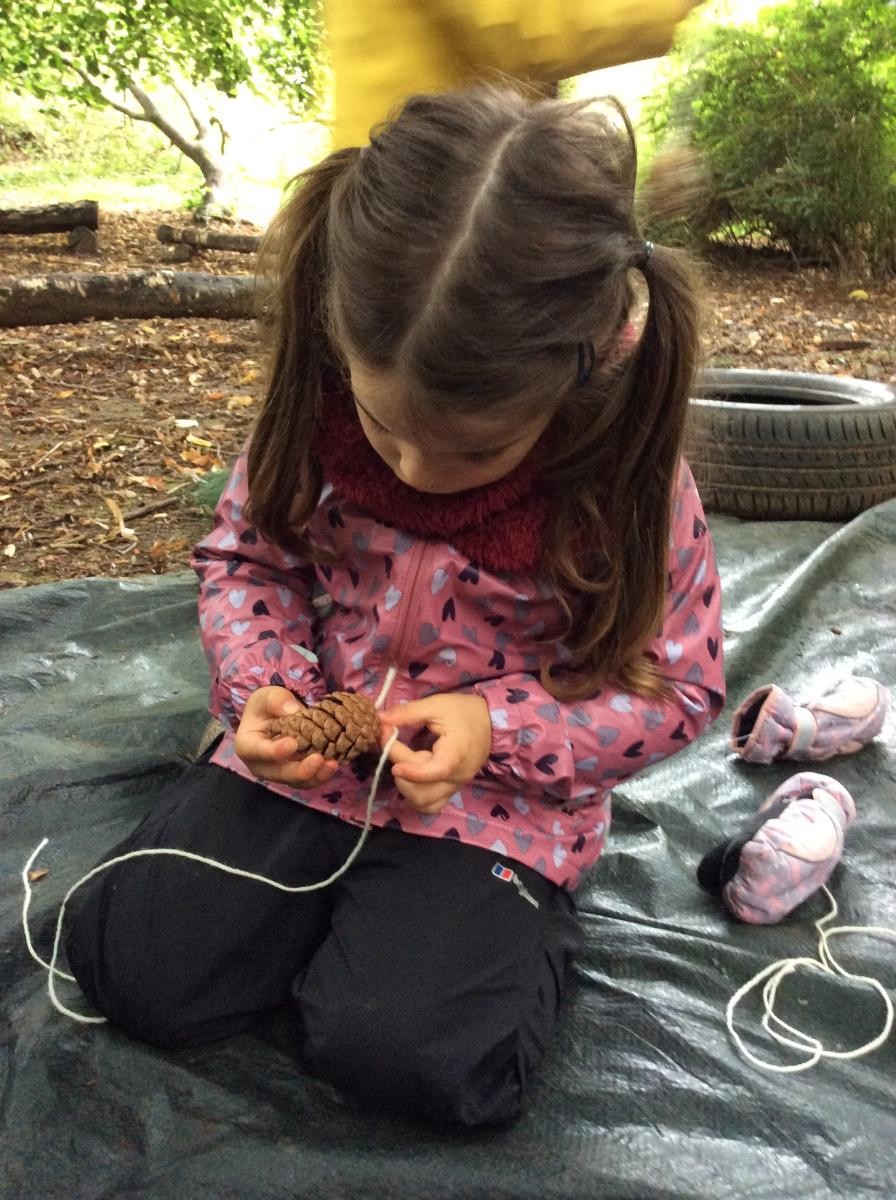First we tied a length of yarn around a pine cone.