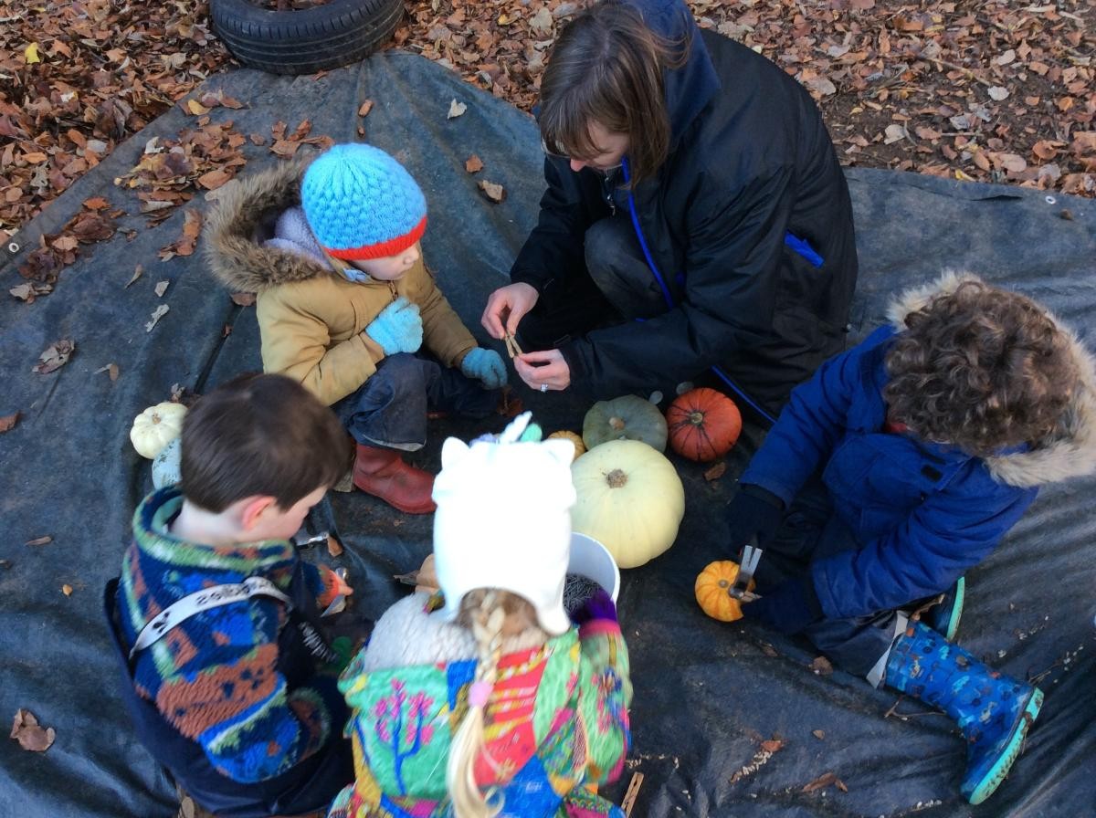 In the woods we learned how to use a hammer and nails safely, by hammering nails into pumpkins.