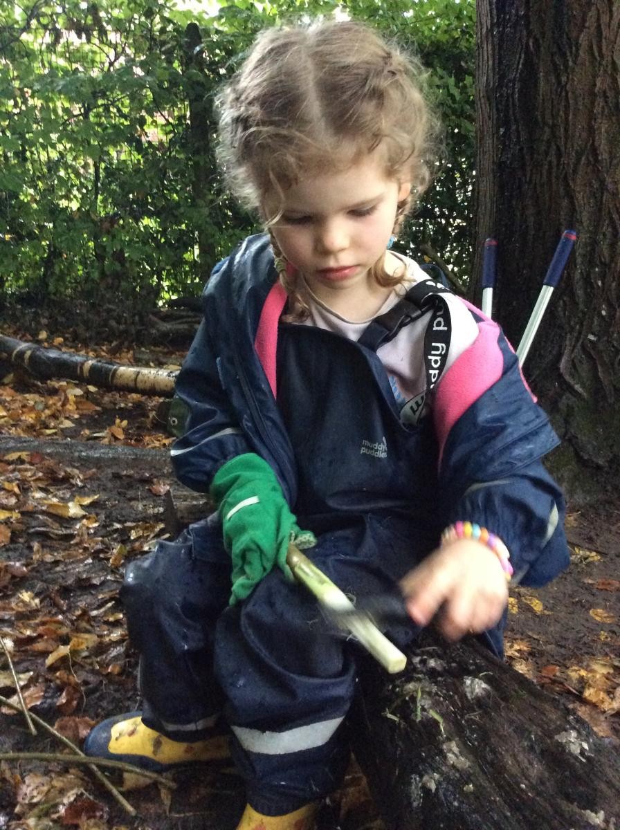 Then we peeled one end of our willow stick and sharpened it to make a cooking stick for next week.