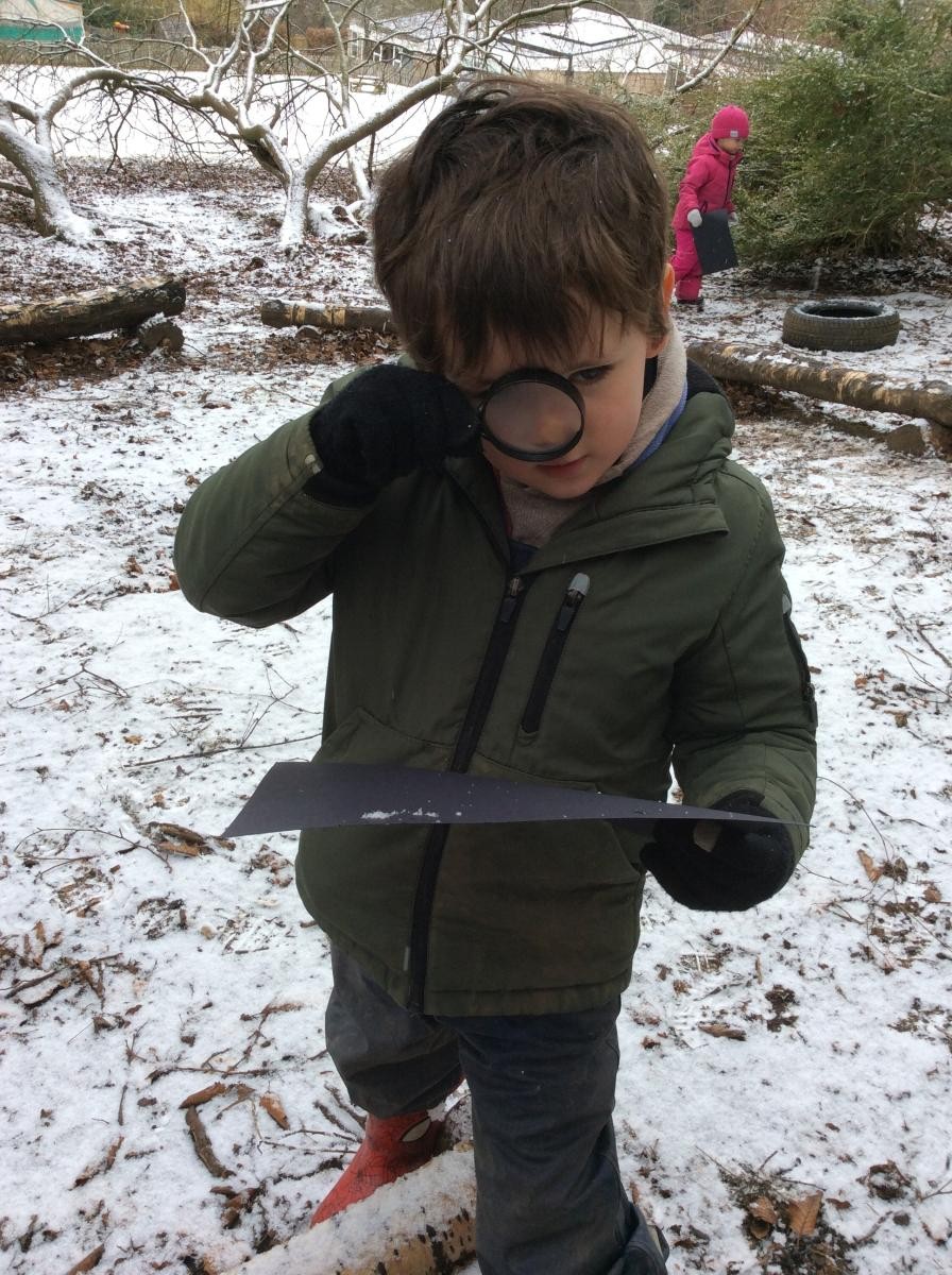 We caught some snowflakes on black card and looked at them closely with our magnifying glasses.