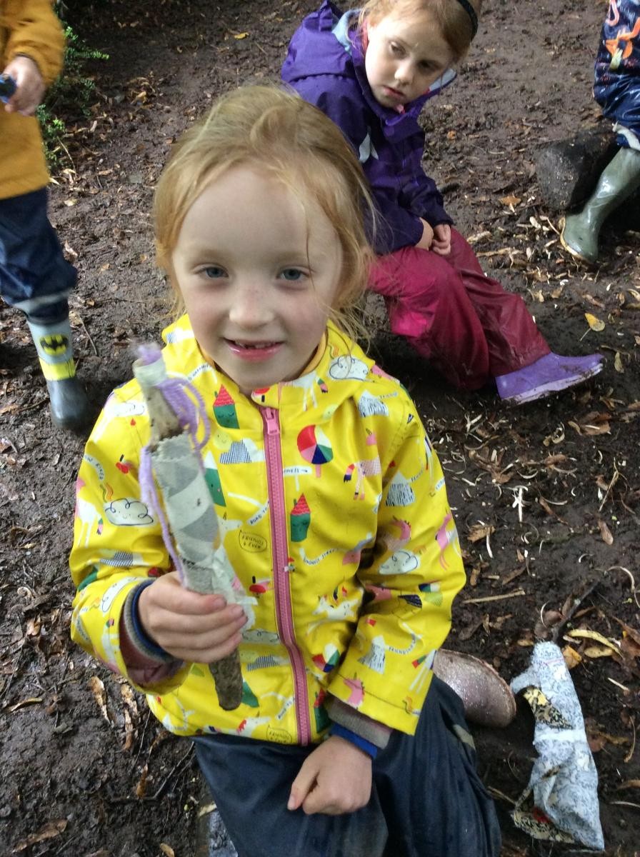 The end of a wet but fun afternoon in Forest School.