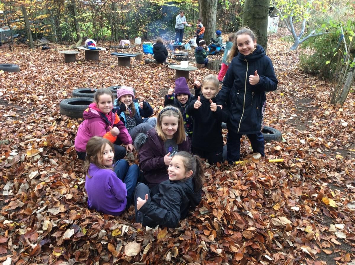 We love playing in the autumn leaves.