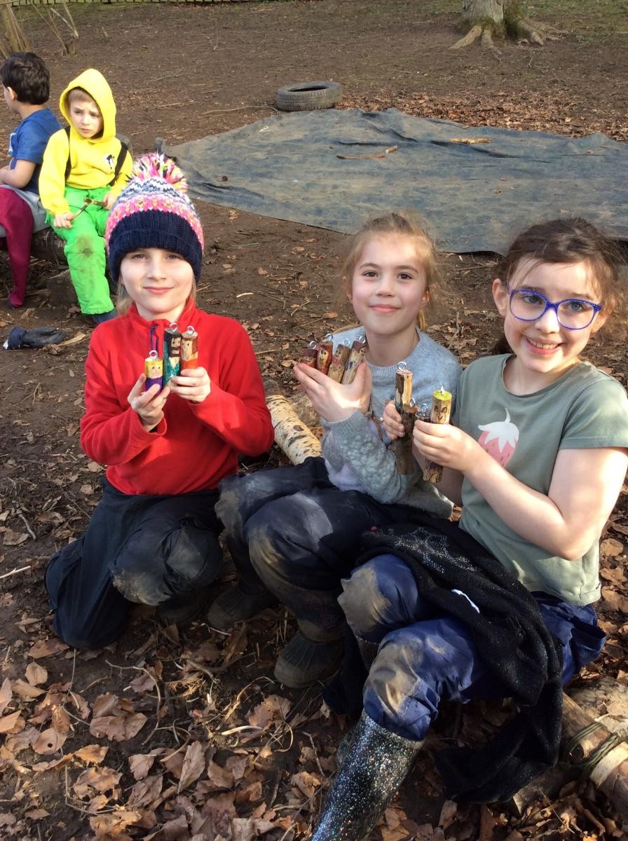 A few of the group put screw eyes in the tops of their woodland folk so that they can be hung up.