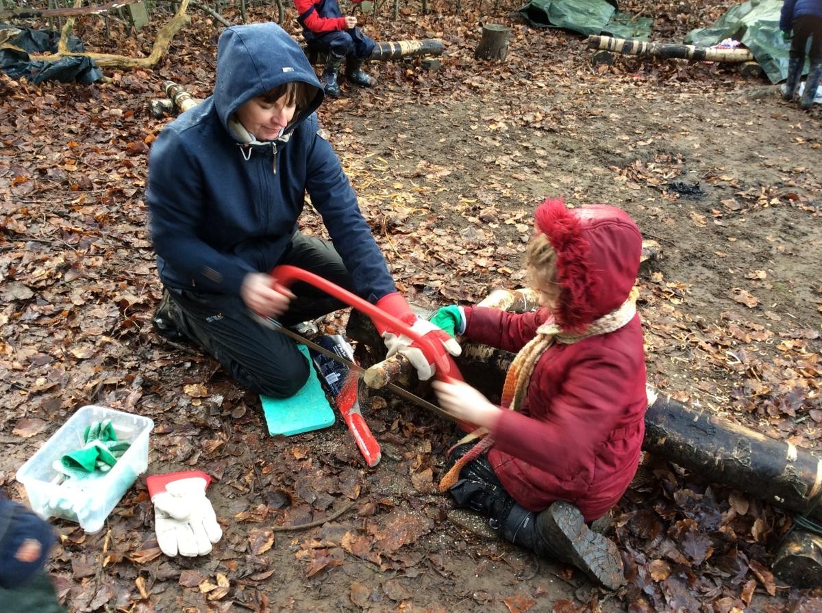 We used the bow saw to cut wood cookies from a fallen branch. 