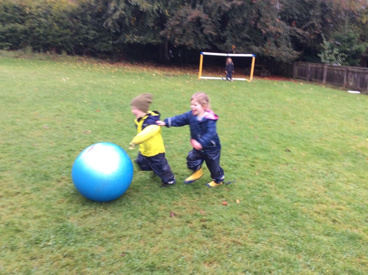 We found an enormous gym ball in the Secret Garden and played football with it on the field. What a busy afternoon!