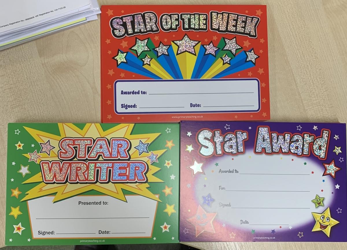 Our new certificates for Celebration Worship, chosen by School Council.