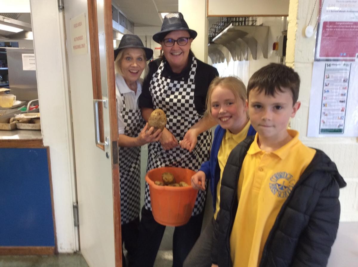 Mrs Dotson and Mrs Bowman will be peeling the potatoes and cooking up for lunch tomorrow. I wonder if the children can taste the difference. 