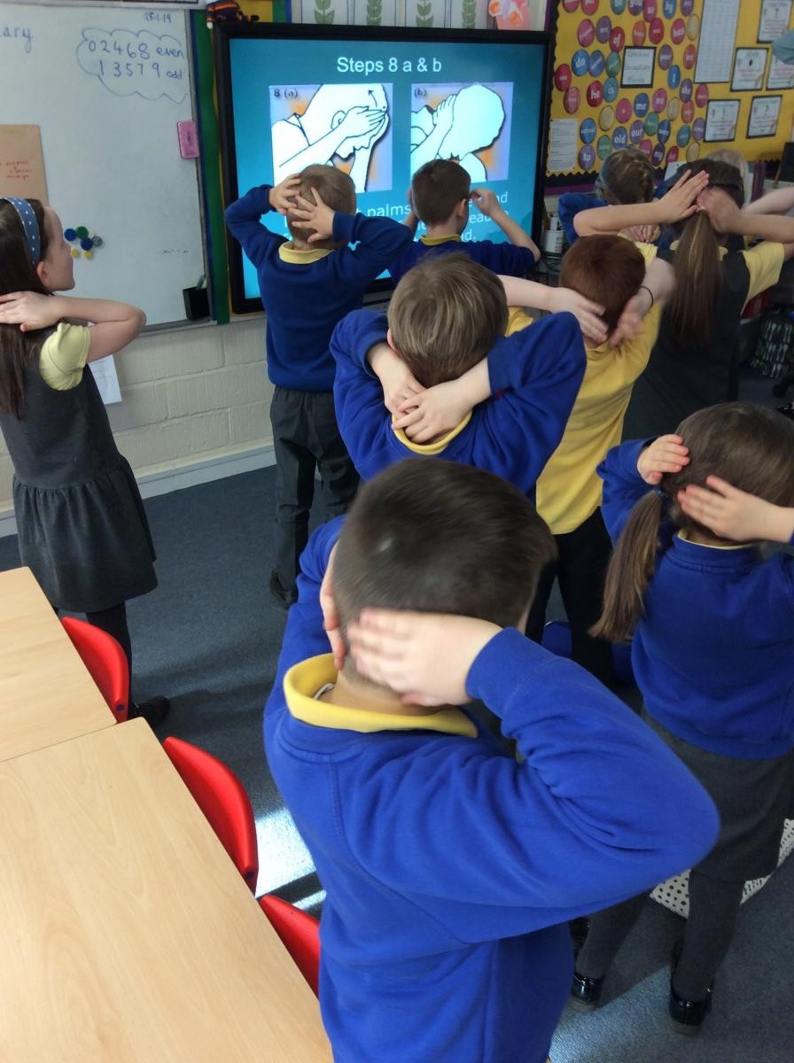 Washing from the top of the forehead to the back of the head. 