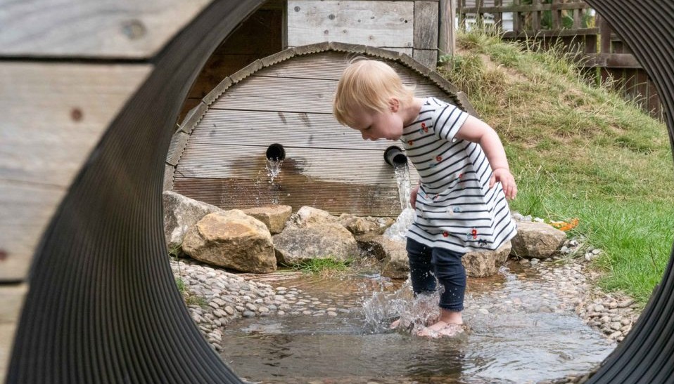 Child splashing in puddle