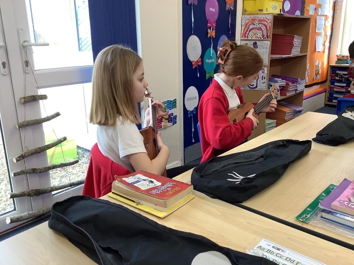 In music, we have been learning the Ukulele! We have learnt the chords C major and A minor so far!