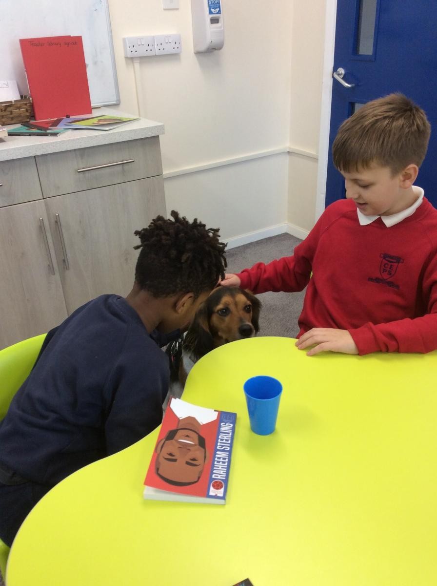 Our school dog has started to join us for reader of the week celebration! 