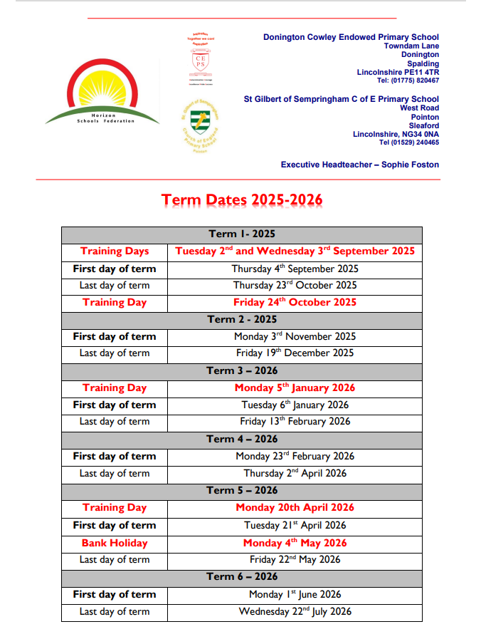 Term Dates 2025-2026