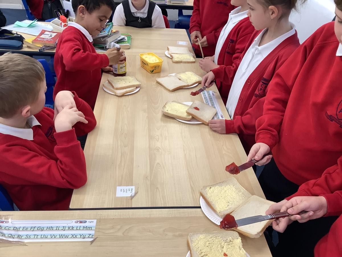 For our new instructions topic, we followed different instructions to make a jam sandwich!