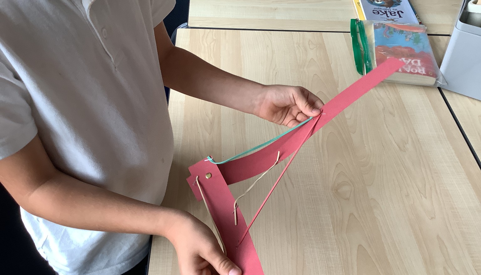 In science, we used pins, paper and elastic bands to demonstrate the use of muscles.