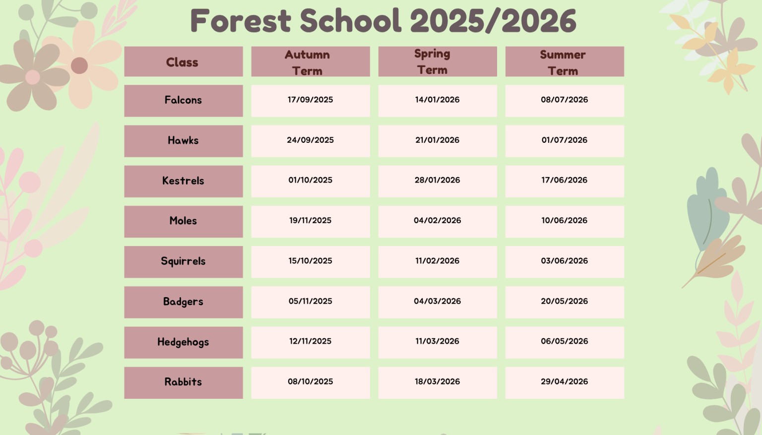 Forest School Timetable 2025/2026