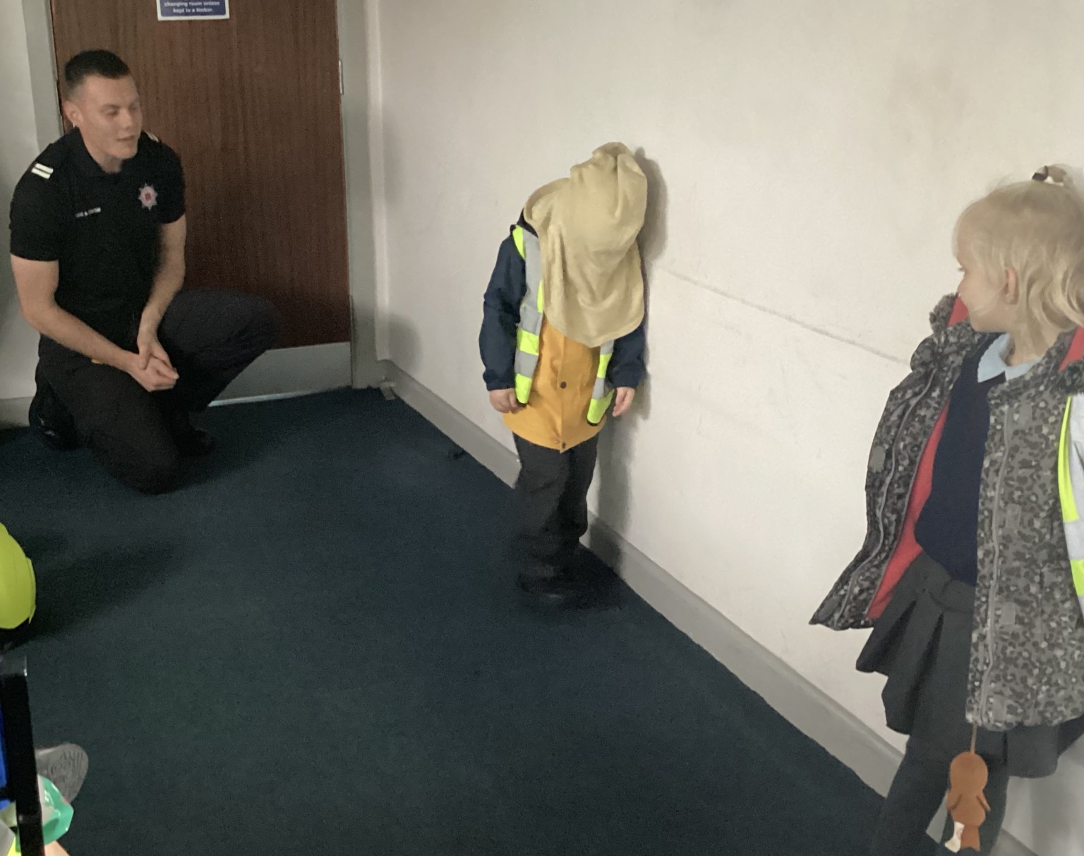 Luna and Harvey had to move in the way firemen do when they enter a burning building. Harvey had the extra challenge of being blindfolded.