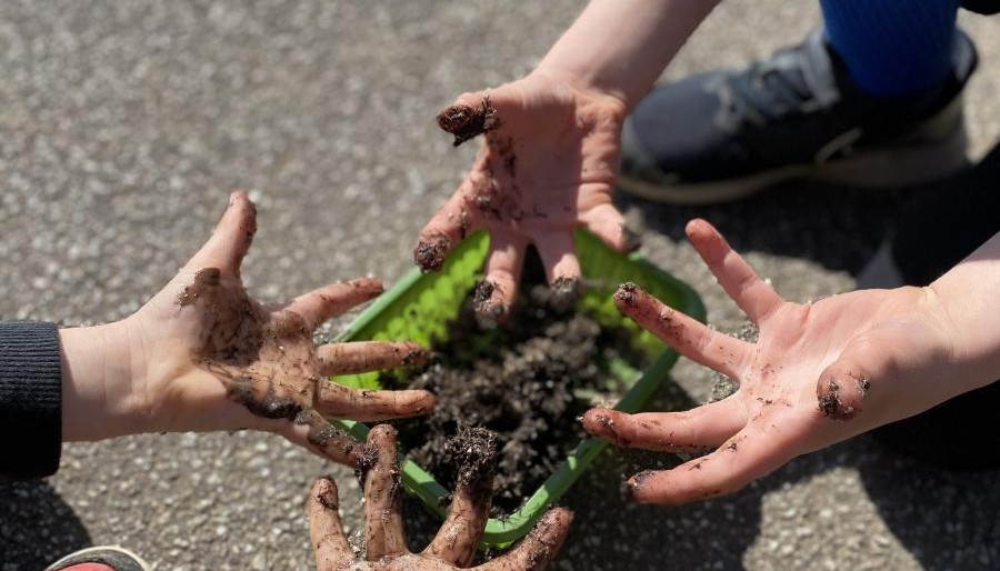 Children with muddy hands