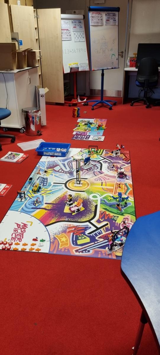 The Lego robotics mat has  been set up.