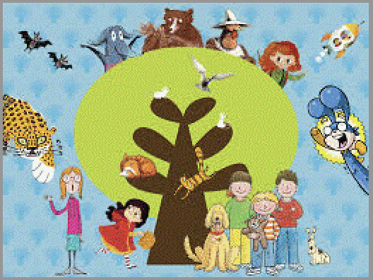 Cartoon image of a tree with children and animals below and above it
