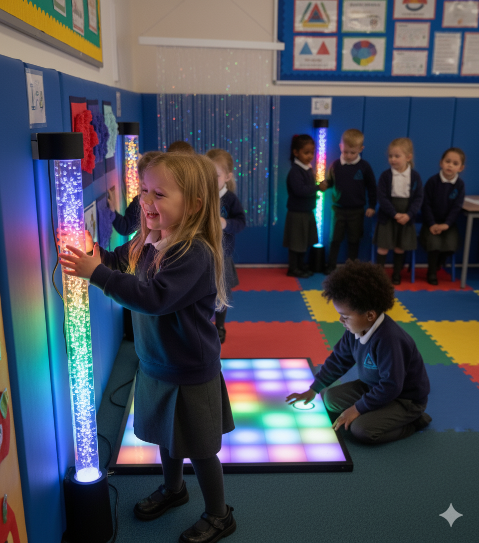 Children playing with the new sensory equipment