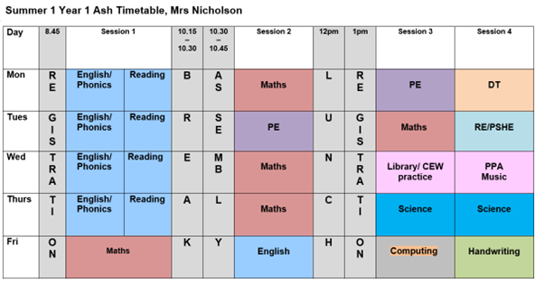 Summer timetable Year 1 Ash
