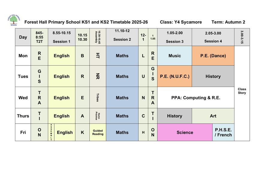 Year 4 timetable