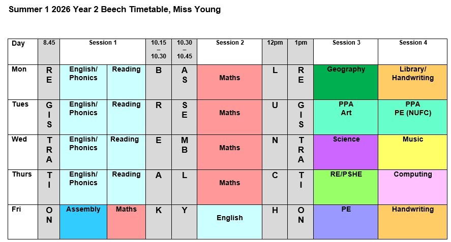 Year 2 Timetable Summer 1