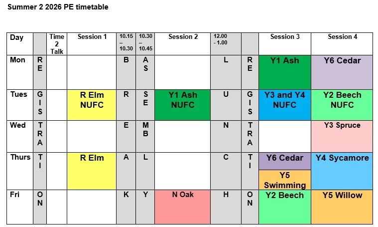 PE Timetable Summer 2