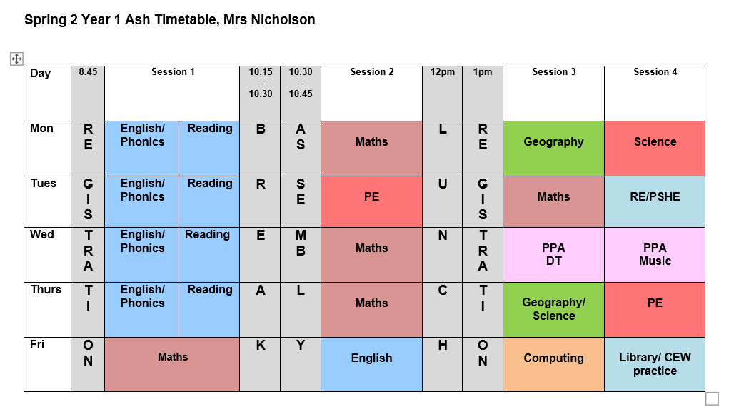 Timetable Spring 2 Year 1 Ash