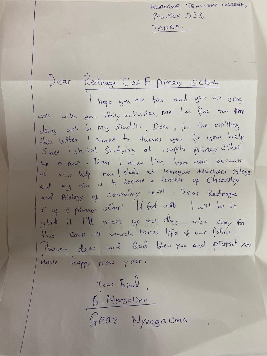 Letter from Geaz, our sponsored student