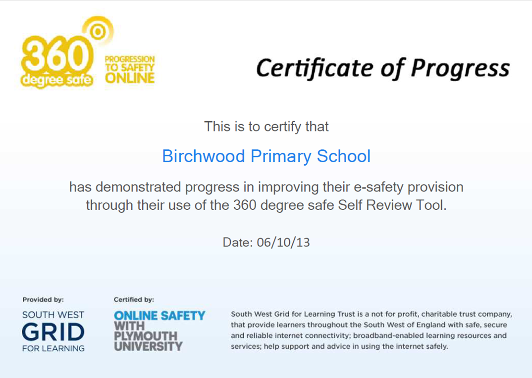 Certificate of Progress - 360 Safe Mark