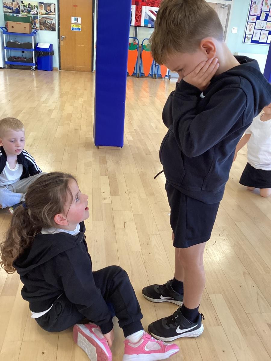 After listening to the story ‘The Three Little Pigs’, we used freeze-frames to represent the main events that happened in the story.