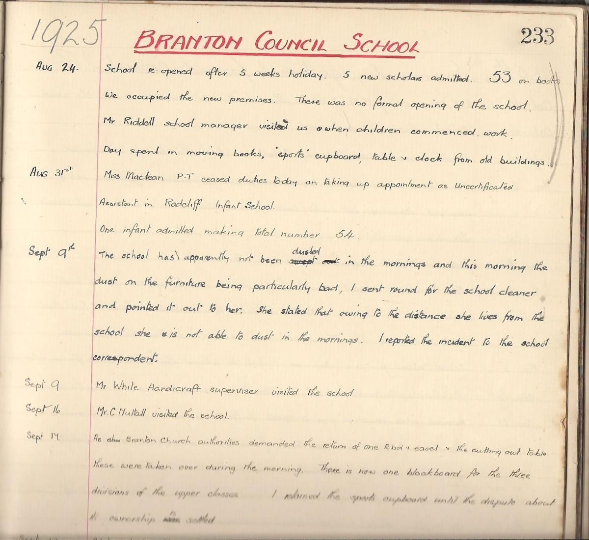 An entry into the Headteachers Log Book when the new school building opened.