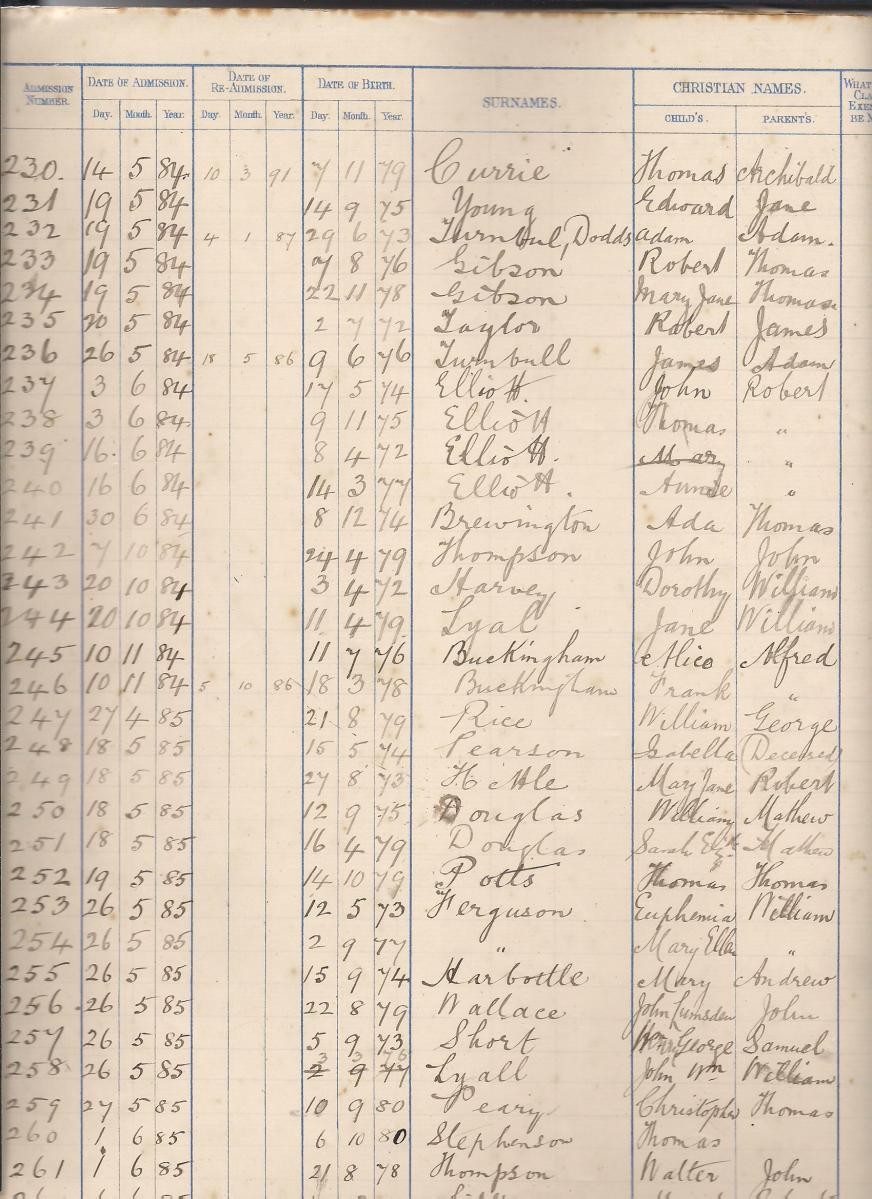 School admissions book in 1884