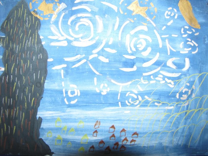 Colourful artwork with swirling sky