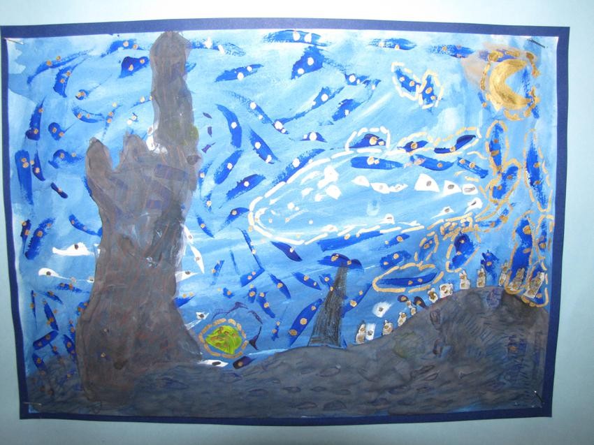 Blue artwork of swirling sky