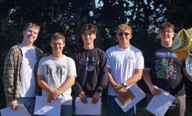 Jacob Simpole, Kieran Standing, Charlie Bayliss, Finn Atkins and Gabriel Sinclair receiving their A-level results at Helston Community College