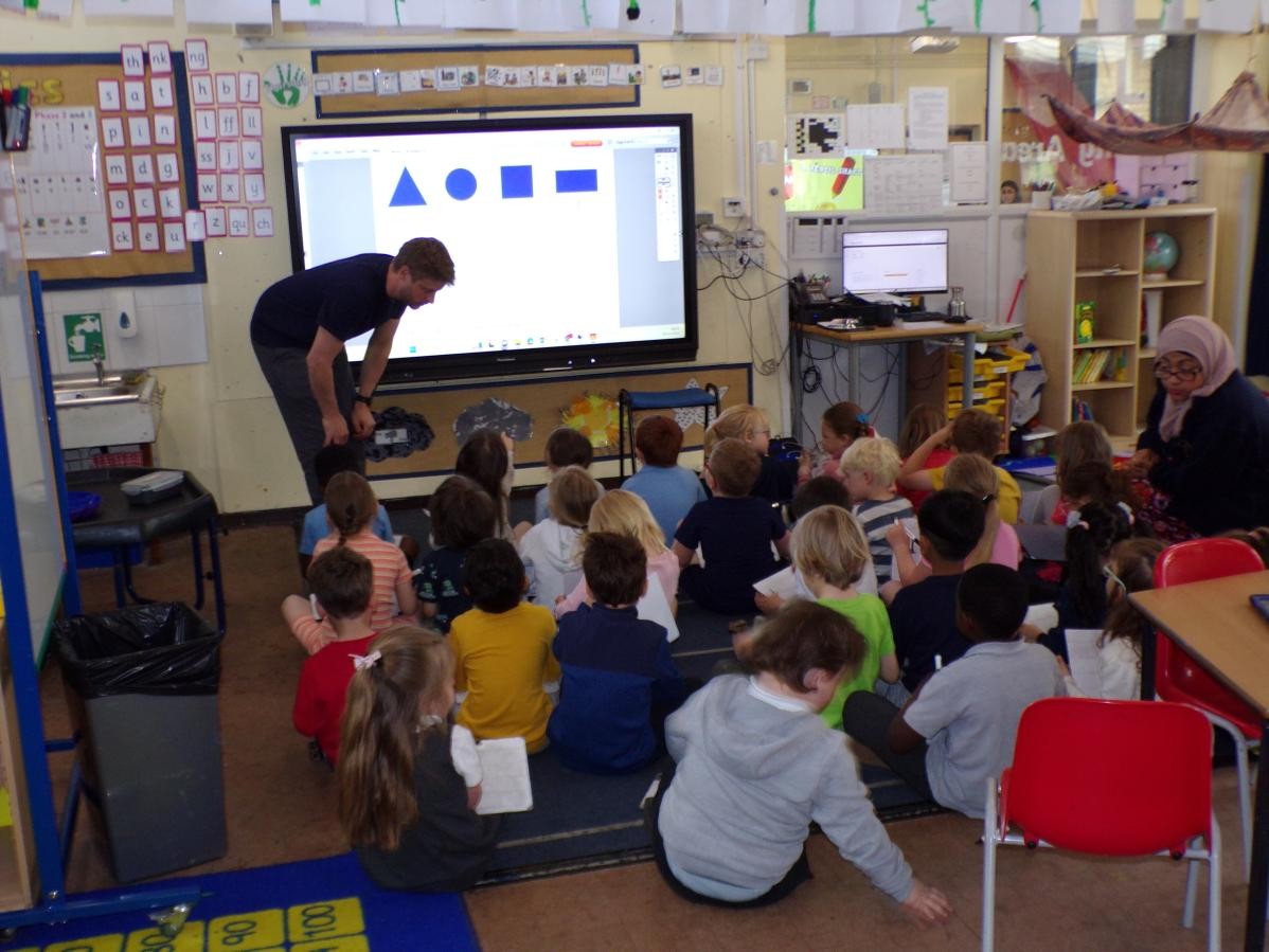 Children learning with Mr Sapsford in Class 2. 