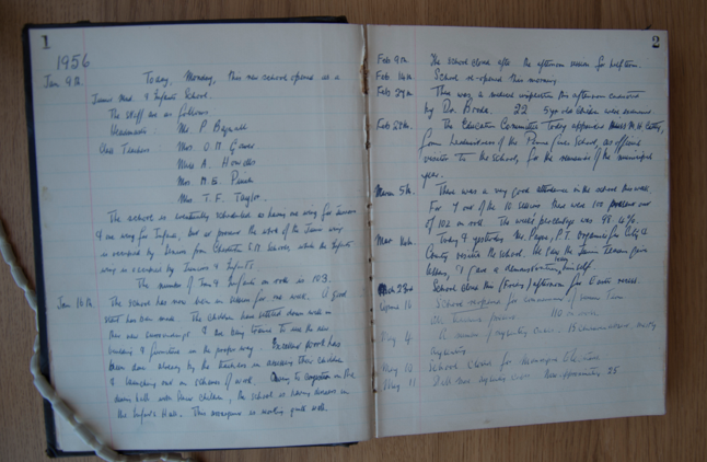 The Head Teacher's entry on the day school opened, 9th January 1956. 