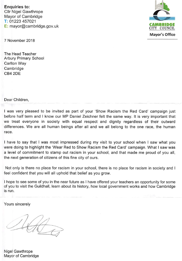 Letter from the Mayor after Show Racism The Red Card.