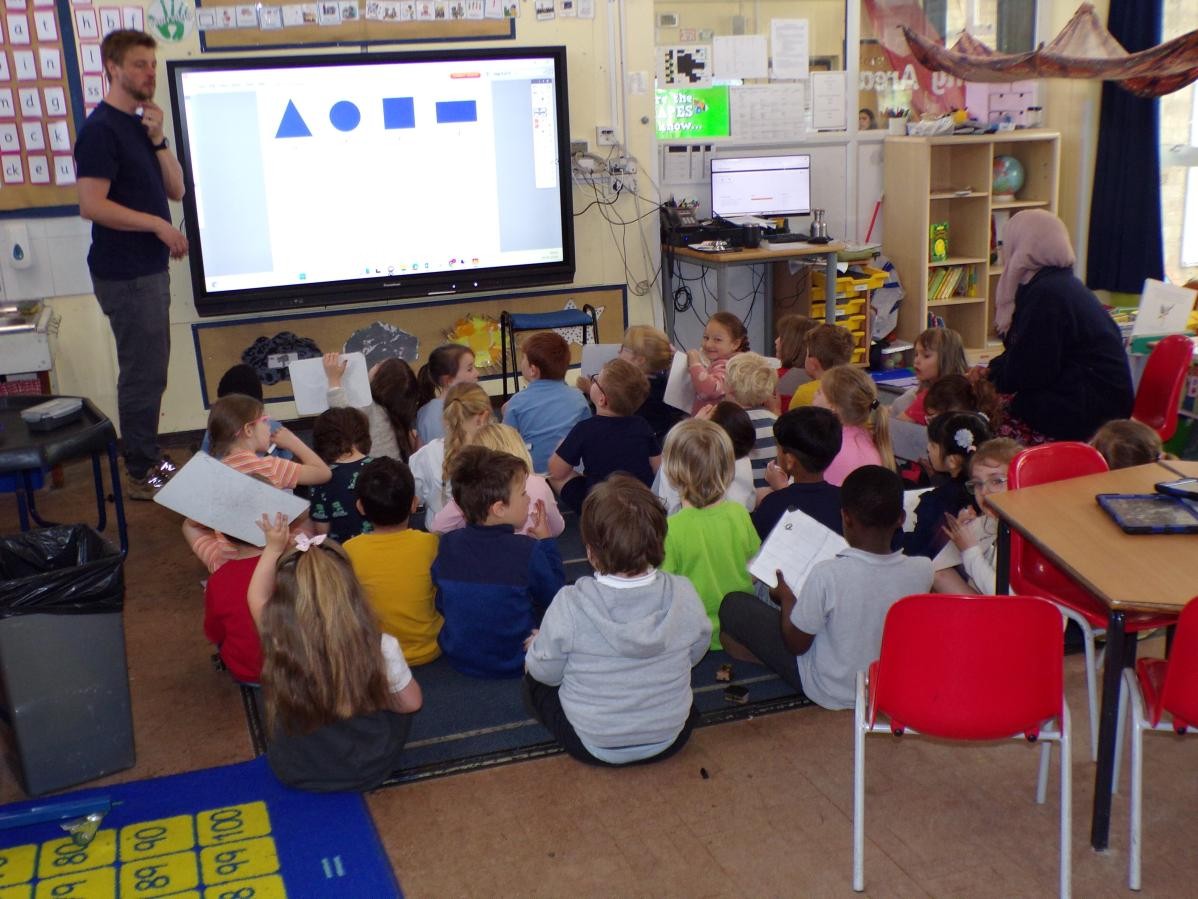 Children learning with Mr Sapsford in Class 2. 