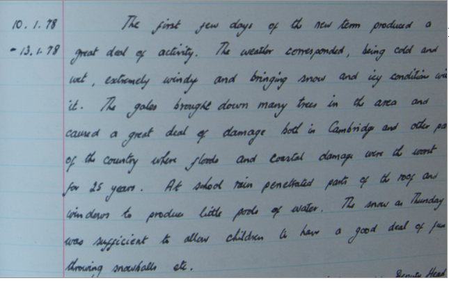 The day school opened, an extract from the Head Teacher's School Record Book. 