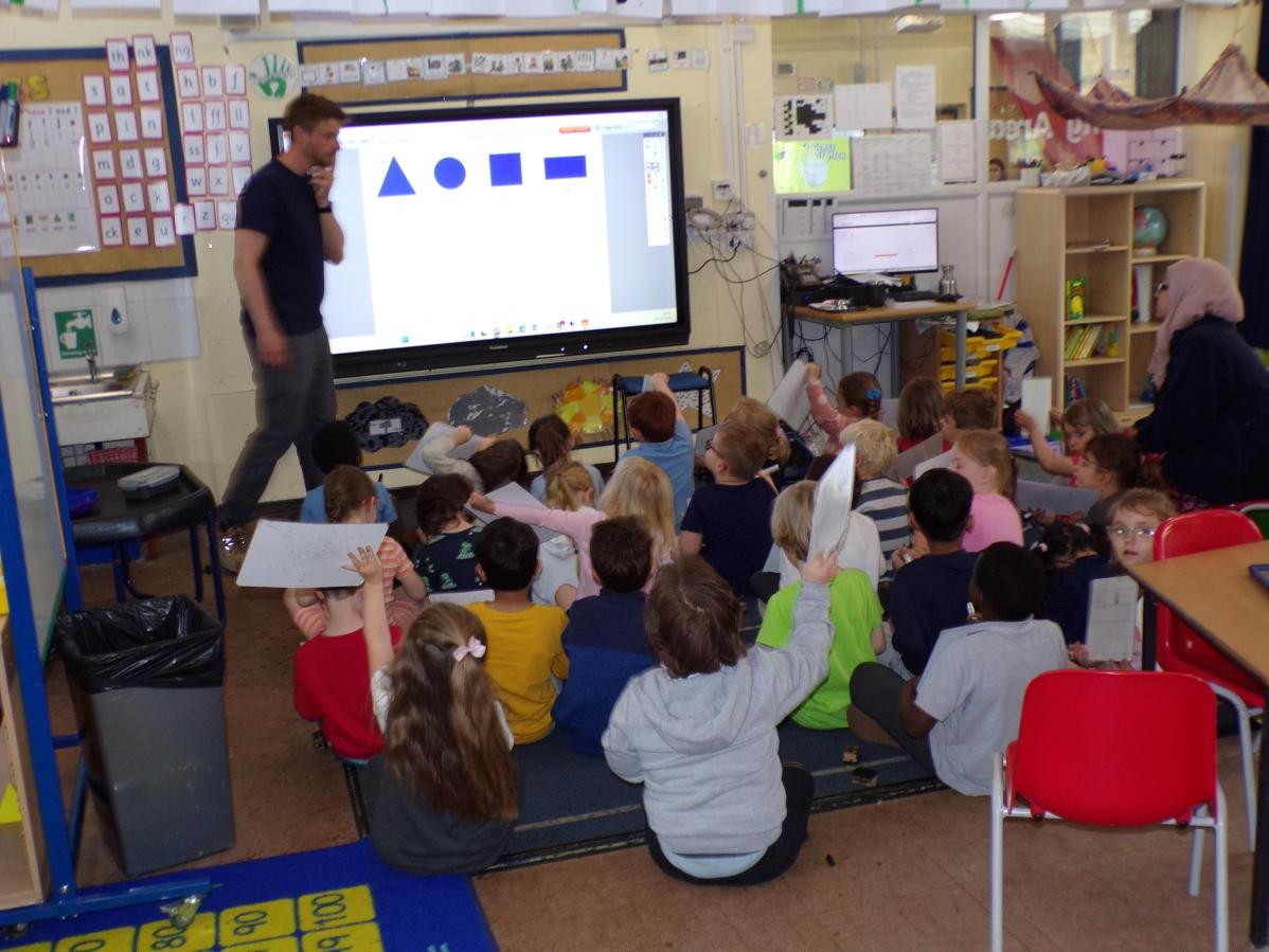 Children learning with Mr Sapsford in Class 2. 