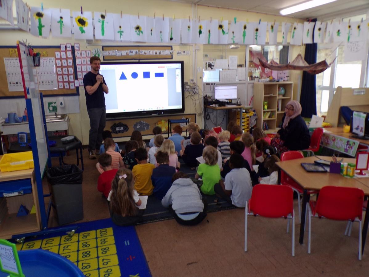Children learning with Mr Sapsford in Class 2. 