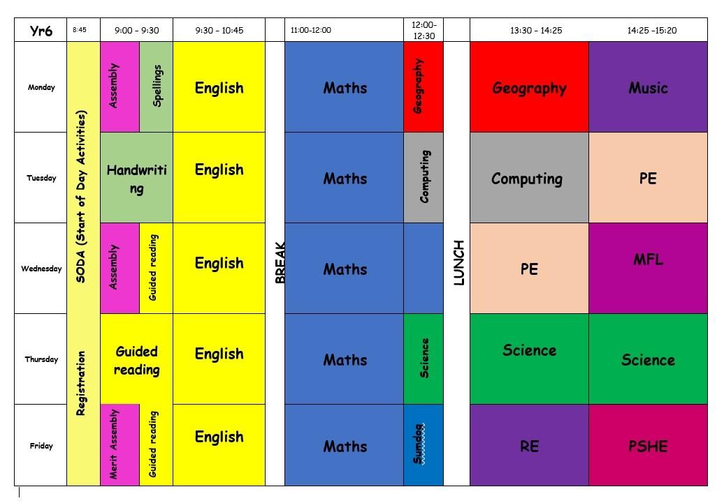 Year 6 Weekly Timetable